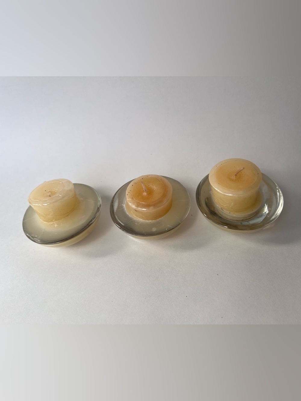 Set of 3 Target tealight candle holders with glass bases and candles